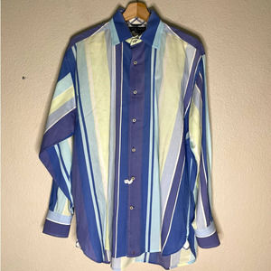 𝅺tommy Hilfiger Shirt Blue Green Striped Cotton Button Up Versatile Size Medium